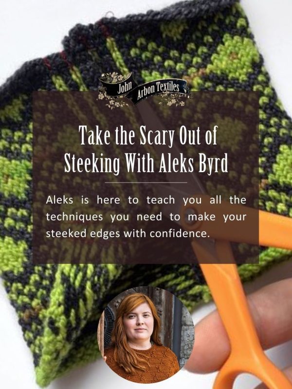 Text: Aleks is here to teach you all the techniques you need to make your steeked edges with confidence. Photo: Scissors cutting through a swatch.