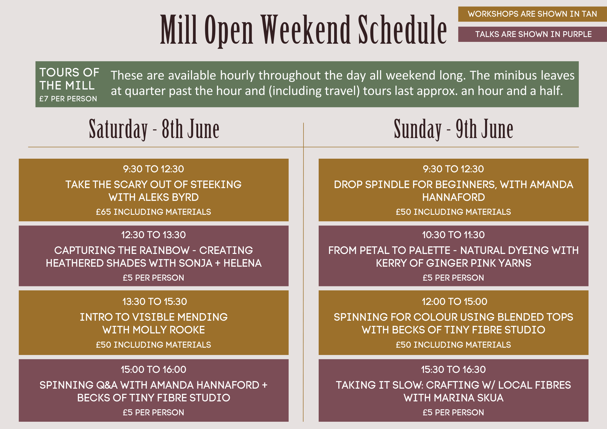 The weekend's schedule. Check the workshop and talks listings for details.